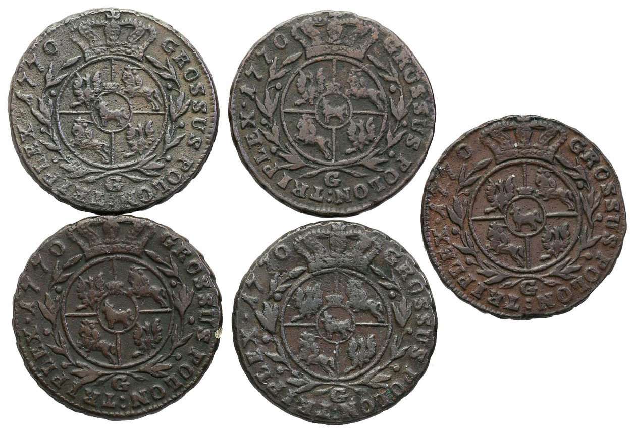Stanisław August Poniatowski. Trojak (3 grosze) 1770 G, Warszawa - zestaw 5  monet